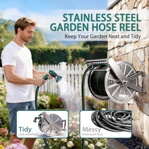 Stainless Steel Garden Hose Reel Heavy Duty, Wall Mount Water Hose Holder, 150 Feet of 5/8 Inch Hoses Capacity, Hose Reels with 5 ft Inlet Hose for Outside, Lawn, Yard, Garage - Image 2