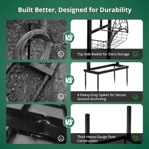 Black Garden Hose Holder Stand, Heavy Duty Freestanding Water Hose Storage Rack with 4 Anchor Spikes Nozzle Groove and Storage Basket Weather Resistant Iron Organizer for Yard Lawn Garden Farm Outdoor - Image 6