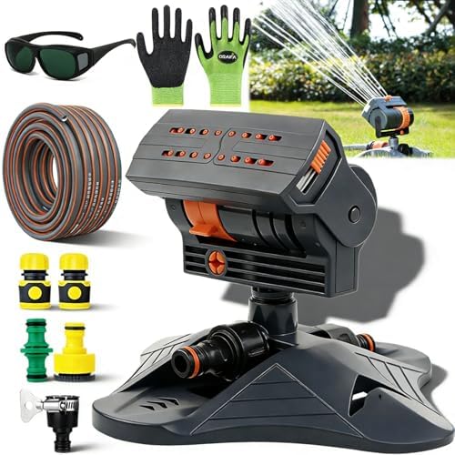 2026 New 16-Nozzle Oscillating Sprinkler with Dual-Zone Sprinkler Water Timer, 360° Adjustable 4-Way Mini Turbo oscillating Sprinkler for Lawn Yard Garden (Black, with a Set nozzles+5m Water Hose) by Unknown
