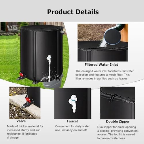 13-264 Gal Collapsible PVC Rain Barrels to Collect Rainwater from Gutter, Portable Rain Water Collection System Catcher Container Storage Tank with Spigot(Black,0.6x0.88m/250L/66.0gal) - Image 3