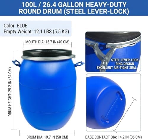Food Grade Plastic Drum Shipping Barrels Air Tight Water Barrel with Lock Ring Rain Water Collection Barrel 30 50 60 65 100 120 160 200L for Garden Basement Fermentation Storage(100L) - Image 2