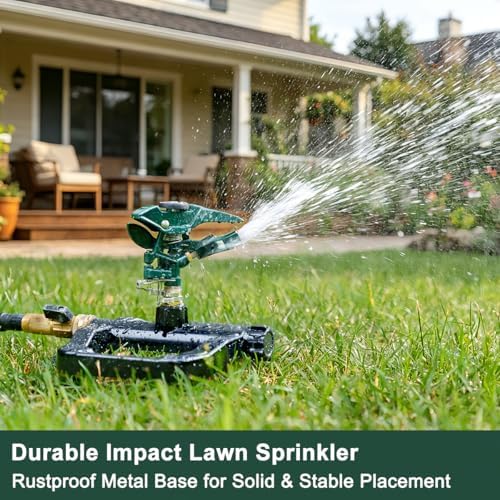 FANHAO Heavy Duty 360 Degree Pulsating Impact Sprinkler, Adjustable Lawn Sprinkler with Metal Base, Covers Up to 5,800 Sq. Ft, Large Area Irrigation System for Lawn, Garden Plant & Patio Cooling - Image 2