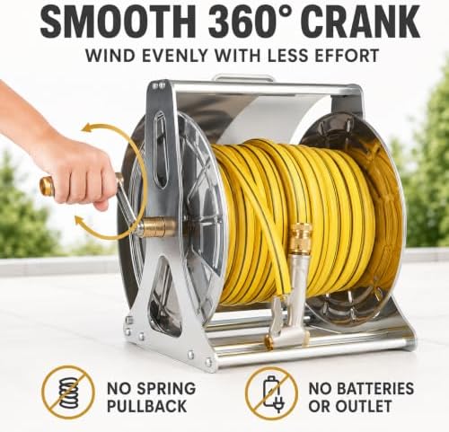 Garden Water Hose Reel with Hand Crank, 304 Stainless Steel Frame and Cover, Wall or Floor Installation, 50 m Capacity, Replaceable 1/2 Inch Hose for Garden and Patio 10m - Image 4