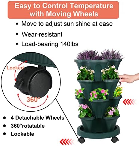DUNCHATY Stackable Planter, Vertical Garden Planter with Wheels and Tools, Self Watering Strawberry Planter Indoor/Outdoor 3 Tier Herb Planter Pots for Growing Vegetables and Succulents,Pine Green - Image 5