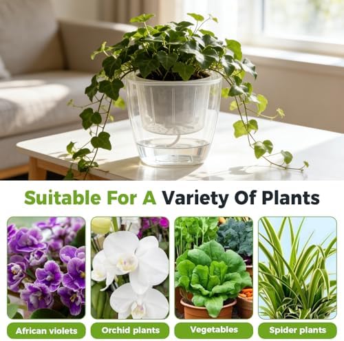 6-Pack 7 Inches Clear Self Watering Planters for Indoor Plants Large African Violet Plant Pots Plastic Wick Flower Pots with Water Injection Hole, Orchid Plant Pot Set, Clear - Image 2