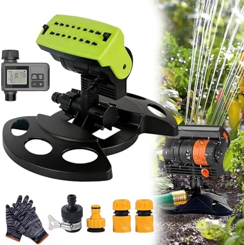 16-Nozzle Oscillating Sprinkler with Dual-Zone Sprinkler Water Timer, Adjustable Water Sprinklers for Lawn Yard Garden, Heavy Duty Automatic Irrigation System (Green with Water Timer) by Unknown