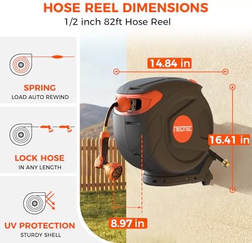 Retractable Garden Water Hose 82ft 1/2 inch, Wall Mounted Hose Reel with Automatic Rewind System, Any-Length Lock & Spray Nozzle for Efficient Yard Work - Image 2