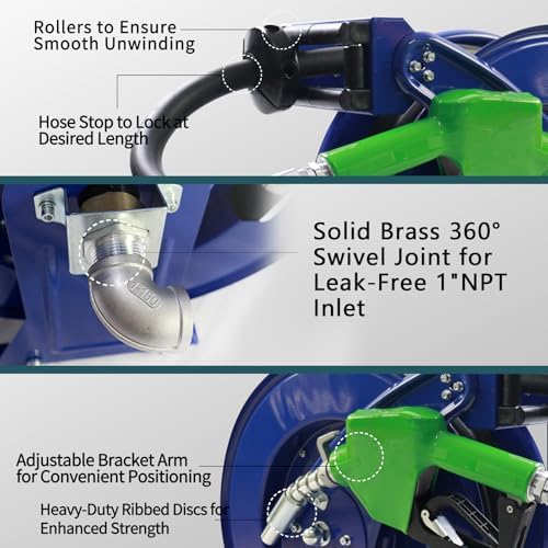 Fuel Hose Reel,Fuel nozzle,Fuel Hose Swivel,3/4" X 33' Retractable Diesel Hose Reel,Heavy-duty Industrial Settings. Max 300 PSI,Spring Rewind Mechanism Ease of Use for Farm Ships Vehicles - Image 5