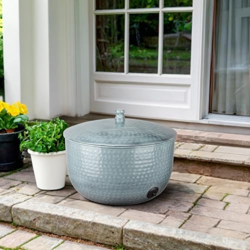 Monarch Abode Garden Hose Holder with Lid – Decorative Water Hose Holders for Outside, Hand Hammered Metal Patina Pot with Drainage, 100ft Waterhose Holder for Outside, Garden Storage Caddy - Image 2