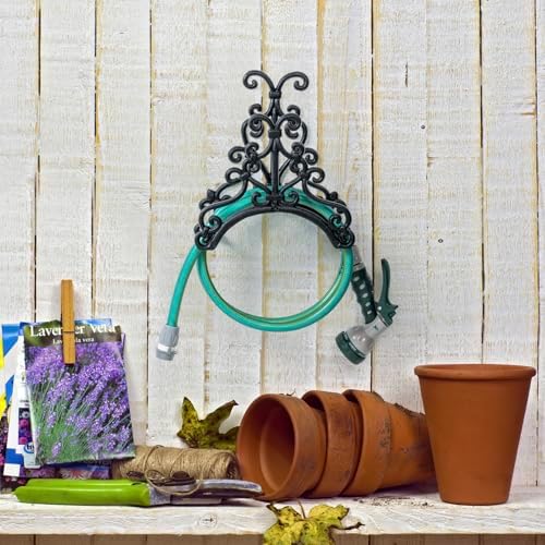 MyGift Brown Heavy Duty Cast Iron Outdoor Garden Hose Hanger Wall Mounted Water Hose Holder Reel with Vintage Scrollwork Design (Floral Pattern) - Image 4