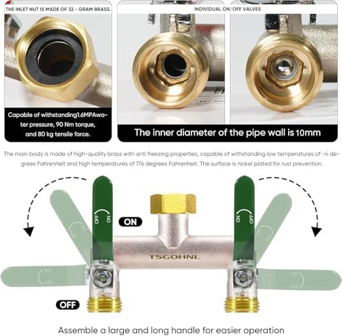 2 Way Hose Splitter, 3/4" GHT Brass Garden Hose Splitter (Green) - Image 3