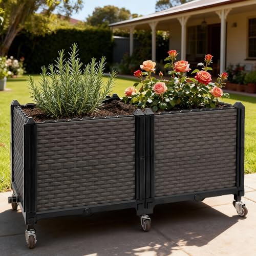 Raised Plant Box with Wheels 31.5"x15.7"x16.1", Raised Beds for Gardening Self Watering, Durable Metal Lockable Casters, Rectangular Garden Planter Perfect for Garden Patio Balcony Deck - Image 2