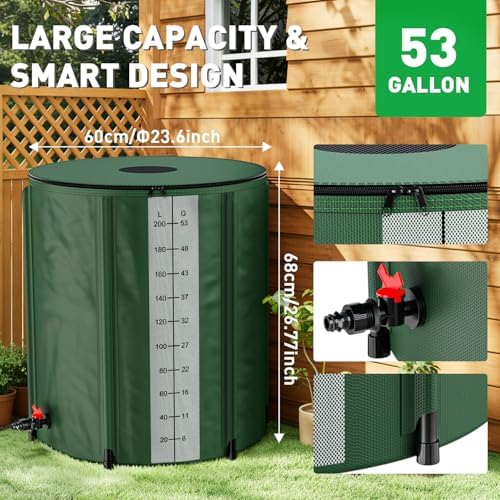 Yesker Collapsible Rain Barrel, 53 Gallon Portable Rainwater Collection System, 550D PVC Water Storage Tank, Rain Catcher with Spigots Filter Overflow Kit, Green - Image 3