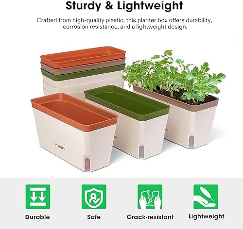 VIVOSUN Self-Watering Planters, 12-Pack 10.5 Inch Compact Rectangular Window Herb Planter Box with 10 PCS Plant Labels, Plant Container for Basil, Flowers, Succulents, Indoor & Outdoor - Image 4