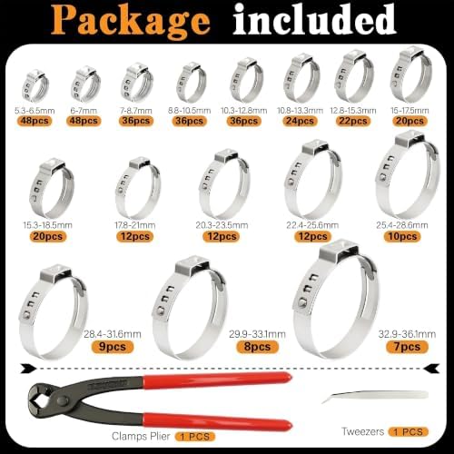 360Pcs 16 Size 5.3-36.1mm Single Ear Hose Clamps Kit with Pliers Tool - Image 5