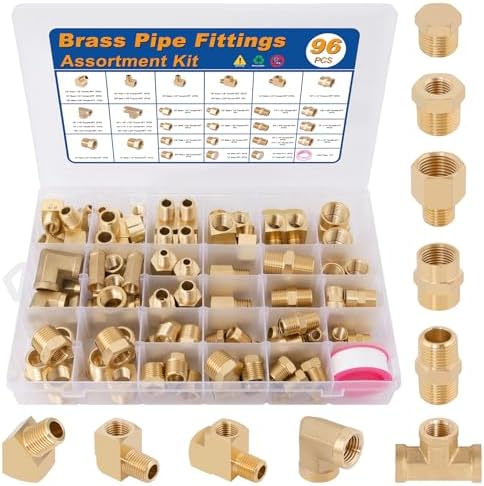 KOOTANS 96PCS Brass Pipe Fittings Assortment Kit - NPT Adapter, Reducer Bushing, Hex Nipple, Coupling, Head Plug, 45 & 90 Degree Barstock Street Elbow, Tee Fittings Kit by KOOTANS