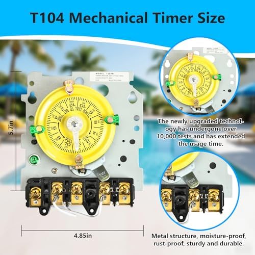 T104 Mechanical Timer Switch,208-277V AC DPST 40A,Pool Pump Switch,Heavy Duty Pool Timers Outdoor,Timer for Lights HVAC Systems,24 Hour 12 ON/Off for Pump, 6 Years Warranty - Image 2