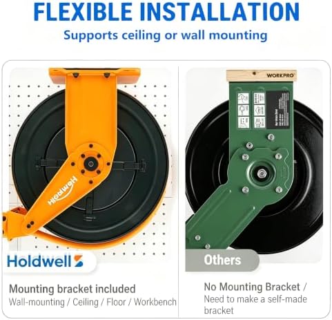 Retractable Air Hose Reel, 3/8" x 50FT EPDM Rubber Air Hose, 300PSI Max, Auto-Rewind & Length-Lock, 1/4" NPT Fitting, Ceiling/Wall Mount Heavy Duty Dual Arm Steel Reel for Workshop/Garage - Image 5