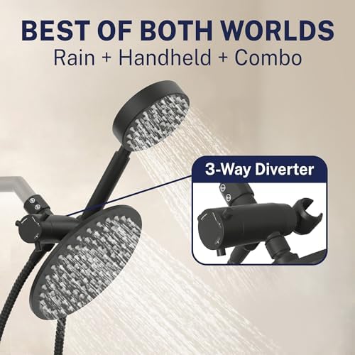HammerHead Showers® Solid Metal Dual Shower Head Combo – MATTE BLACK – 8 Inch Rainfall High Flow Shower Head & Handheld Shower Head High Pressure with Hose 6ft - Hotel-Like Double Shower Heads - Image 3
