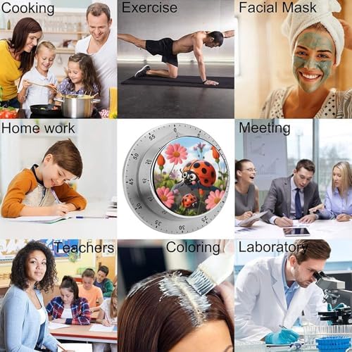 Mechanical Kitchen Timers for Cooking,Cartoon Ladybug Flower Printed 60 Minute Magnetic Countdown Timer,Cute Cooking Timers with Alarm,Stainless Steel Time Timer Manual No Batteries Required - Image 5