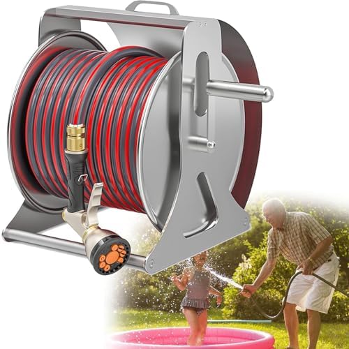 Garden Hose Reel Holder, Stainless Steel Hose Storage with Crank, Floor Hose Reel Organizer, Includes 20m Hose, Durable and Weather Resistant Design by Unknown