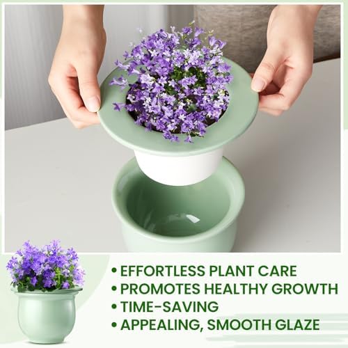 Suclain 2 Pack Ceramic African Violet Pots Self Watering Plant Pot Effortless Self Watering Plant Flower for Busy Lovers, Indoor(Green,6.5 Inch) - Image 5