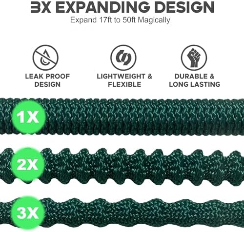 Expandable Garden Hose 50 ft with 10 Function Nozzle Sprayer, Lightweight & No-Kink Flexible Water Hose with Durable Latex Core & Solid Brass Fittings, 50ft Retractable Stretch Hose (DarkGreen) - Image 2