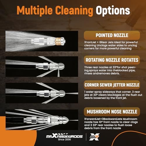 maXpeedingrods Sewer Jetter Kit for Pressure Washer 50FT, 5800PSI Drain Cleaner Hose 1/4 Inch NPT Corner, Rotating and Button Nose Sewer Jetting Nozzles with Spanner Waterproof Tape Pearl Corsage Pin - Image 7