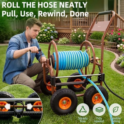 WERMAH Hose Reel Cart with Hose Guide, 4 Wheels Hose Cart, Holds 300ft 5/8" - Image 4