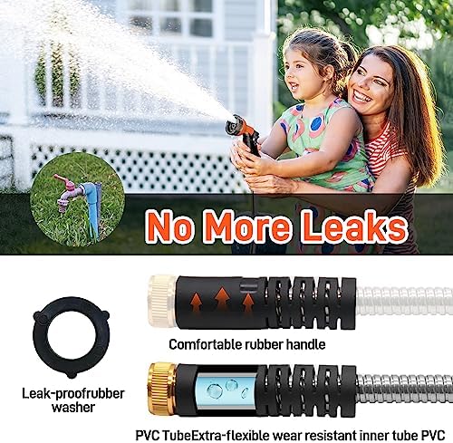 Besiter Garden Hose 50FT Stainless Steel Water Hose with 10 Functions Adjustable Spray Nozzle, Heavy-Duty Metal Garden Hose Flexible Durable No-Tangle & Kink Leak Dog Proof Hose for Yard Lawn(Orange) - Image 4