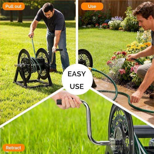 VINGLI Decorative Hose Reel, Wall Mount Water Hose Reel for Garden Outside with Heavy Duty Portable Rolling Design Metal, 108FT Capacity for 3/4" Hose for Outdoor Use (Black) - Image 4