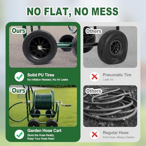 VINGLI 300FT 5/8in Garden Hose Reel Cart, 4-Wheel Portable Residential Hose Reel Cart, Hose Guide System with Storage Basket, Rust Resistant, for Family Yard, Garden and Farm (Green) - Image 5