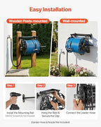 VEVOR Wall Mounted Garden Hose Reel, Holds 135 Feet of 5/8-inch Hose, Outdoor Heavy-Duty Waterhose Holder Winder, with Widened Top Tray, Aluminum Alloy Connector, Decorative Pattern, for Backyards - Image 5