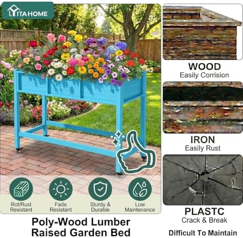 YITAHOME Raised Garden Bed HDPE, 47x18x31In Raised Flower Bed Poly-Wood Weather-Resistant Elevated Planter Box with Lockable Wheels for Vegetables, Aruba Blue - Image 4