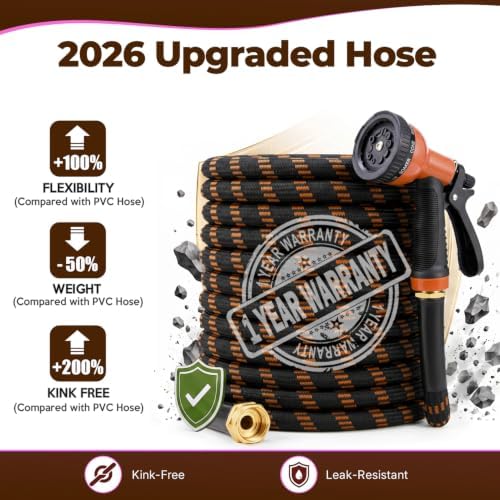 Garden Hose 100 ft, 2026 Upgraded Kink Free Flexible Water Hose 100ft With 10 Pattern Spray Nozzle, Leak-Proof, Portable, Ultra Lightweight & Durable Garden Hose for Yard, Lawn, Outdoor Black & Orange - Image 2