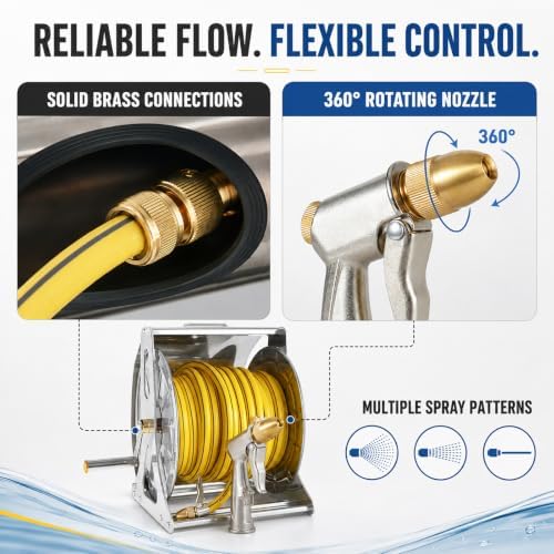 Stainless Steel Garden Hose Reel for Yard and Driveway, Smooth Manual Crank, Wall Mounted or Freestanding, Protective Lid, Brass Adapters and Nozzle Set 10m - Image 5