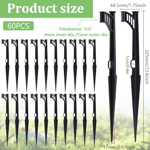 60Pcs 12.8 Inch Irrigation Drip Support Stakes, 1/4 Inch Tubing Hose Holder with 180 Degree Sprayer Emitters Drip Lines Tubing Hose for Micro Sprinkler Gardens Irrigation Supplies - Image 2