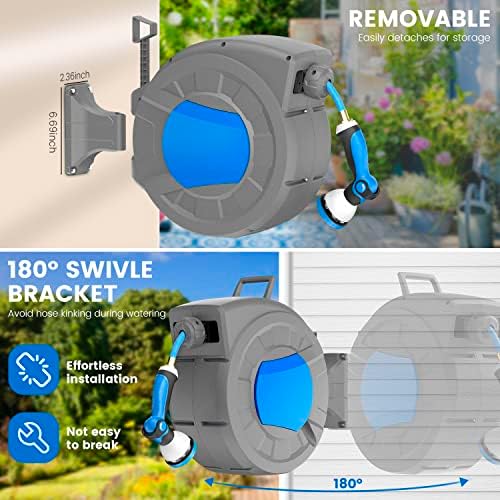 REDUCTUS Retractable Garden Hose Reel Wall Mount 1/2" x 100 ft + 6.5 ft Water Hose Reel for Outside with 10 Pattern Nozzle, Automatic Slow Rewind System/Lock Any Length/180°Swivel - Image 3