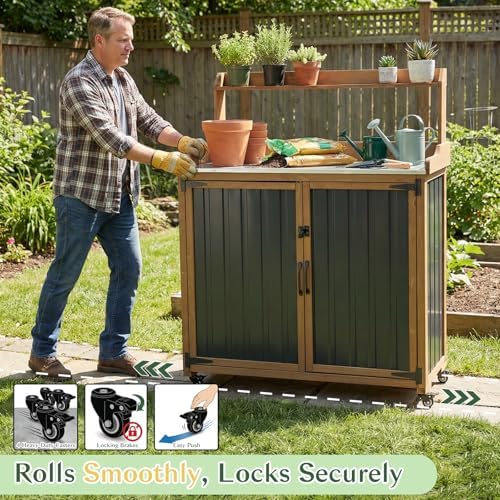 Outdoor Storage Cabinet with 4 Wheels and Handle, Metal & Wood Potting Bench Storage Cabinets with Waterproof Top, Removable Shelf, Potting Table & Workstation for Garden, Patio, Balcony, Garage - Image 3