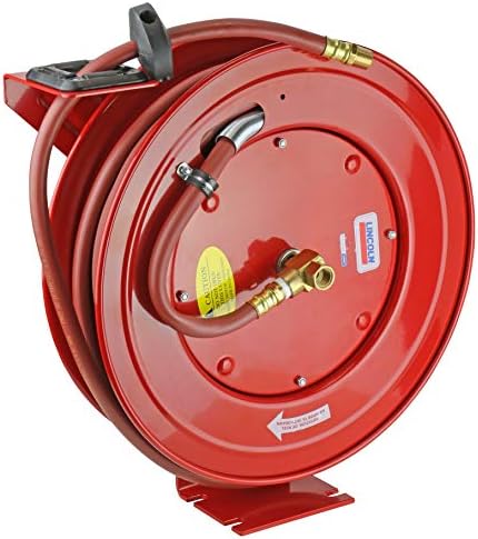 Lincoln 83753 Value Series Air/Water Retractable Hose Reel with 50' x 3/8" Rubber Air Hose, 1/4" NPT, 300 PSI, Slotted Mounting Base, 5-Position Adjustable Outlet Arm, All-steel Construction, Red by Lincoln