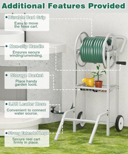 Artigarden Hose Reel Cart with 2 Wheels, Garden Water Hose Holder Heavy Duty Powder Coated Steel Outdoor Winder Storage Holds 125 ft 5/8" Hoses with Basket and 3.9ft Leader Hose for Backyard, White - Image 2