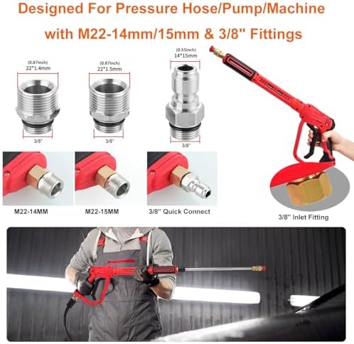 Brass Power Washer Gun and Hose Kit, Pressure Washer Gun with 50FT Washer Hose & 2 Extension Wands, 40" Adjustable Length with 3/8" Quick Connect, M22 Fitting, 5 Nozzle Tips,4350PSI - Image 5