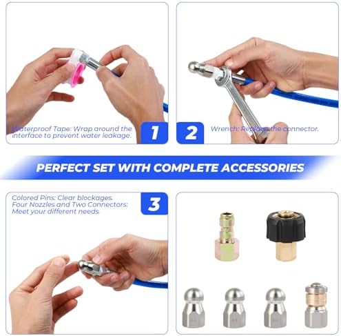 Sewer Jetter Kit for Pressure Washer, 150FT High Pressure Water Hose with 1/4 Inch NPT, 5800PSI Drain Cleaner Hose, Orifice 4.0, 4.5, 5.5 Button Nose and Rotating Sewer Jetting Nozzle - Image 7