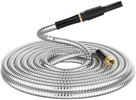Non-Expandable Metal Garden Hose 50 Feet with Sprayer Nozzle, Flexible, No Kinking, Lightweight & Heavy Duty Water Pipe, Stainless Steel Outdoor Water Hose for Yard 50 ft, Male to Female Connector by BlueGarden