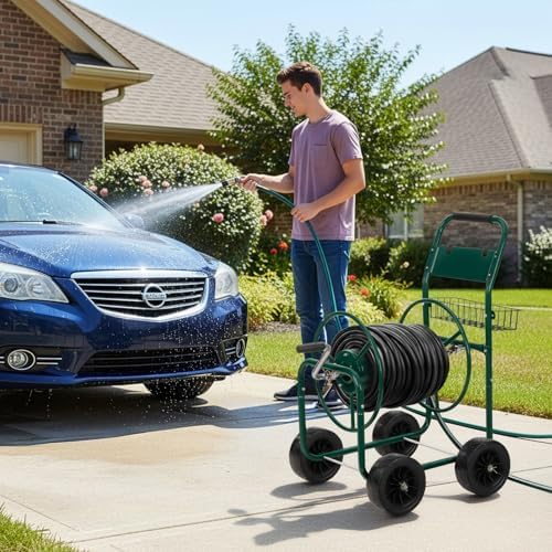 VINGLI 300FT 4-Wheel Garden Hose Reel Cart with Storage Basket, Portable Residential Hose Reel Cart, Lawn Watering, for Garden Backyard and Farm (Green) - Image 2