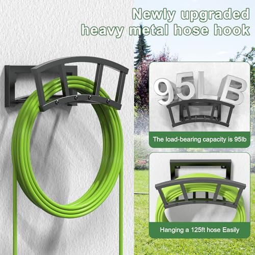 2 Pack Garden Hose Holder Wall Mounted, Outdoor Heavy Duty Metal Water Hose Holder Hanger Holds 125-ft Water Pipe, Sturdy Detachable Hose Storage Organizer Reel Rack for Outside Garden Lawn Yard Farm - Image 2