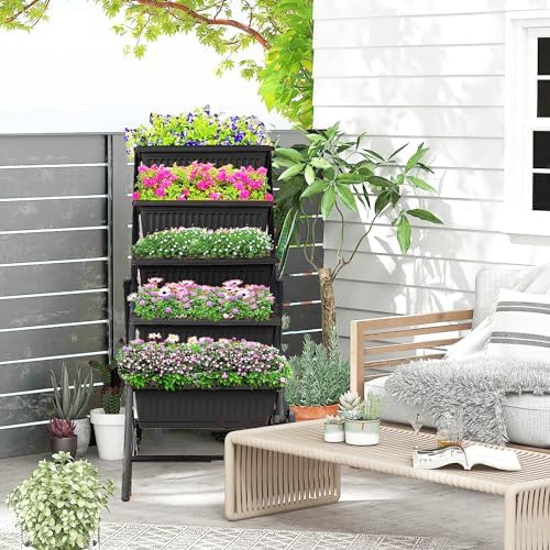 Homdox 5-Tier Elevated Garden Bed with Lockable Caster Wheels - Freestanding Vertical Raised Bed with 5 Garden Planter Boxes- Perfect to Grow Vegetables Herbs Flowers Indoor(Black) - Image 2
