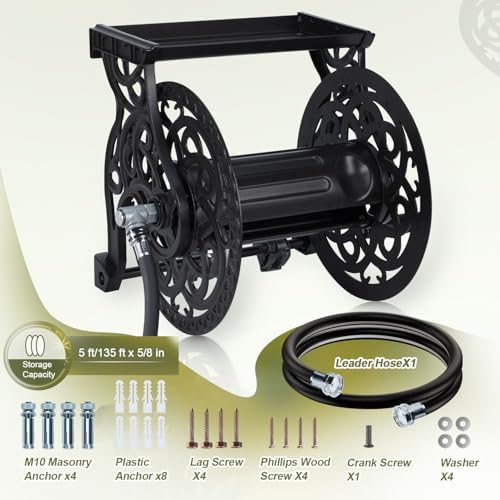 Metal Wall Mount Garden Hose Reel for Outside, Holds 125 ft x 5/8'' Hose Storage, Decorative Heavy Duty Water Hose Holder Aluminum Frame, No-Leak Aluminum Water System, Easy Assmbly, Dark Bronze - Image 6