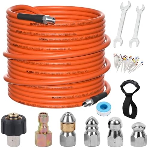 100FT Pressure Washer Sewer Jetter Kit, 5800 PSI Water Jet Drain Cleaner Hose with Corner Rotating Button Nose Nozzle, Sewer Jetting Nozzles Kit with Spanner Handle Strap by HOSEING