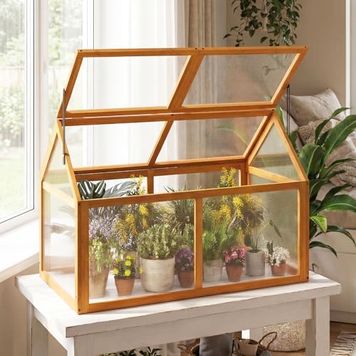 Giantex Wood Cold Frame Greenhouse, Portable Raised Flower Planter Protection with Transparent Panels & Adjustable Roof, Small Indoor Outdoor Hot House for Garden Balcony, 40”x21”x28” - Image 7